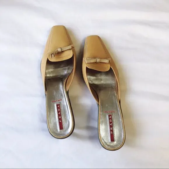 Authentic Prada Tan Leather Square-Toe Mules - Picture 1 of 8